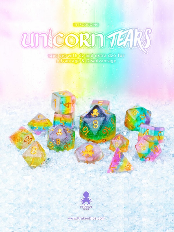 unicorn tears 12pc layered glitter dice set with kraken logo