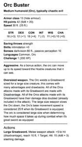 Picture of a stat block of a DND homebrew monster called Orc Buster